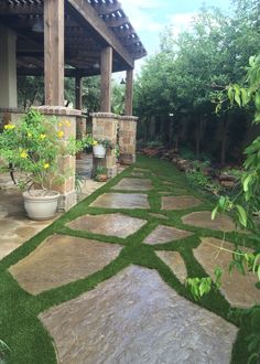 an outdoor area with grass and potted plants