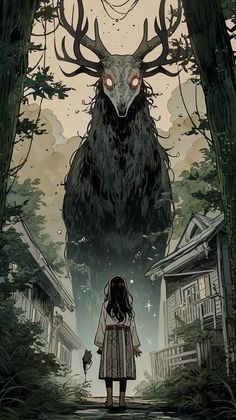 a girl standing in front of a giant black animal with horns on it's head