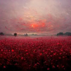 a field full of red flowers with the sun setting in the sky behind it and clouds