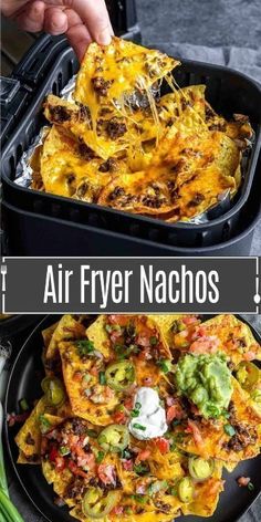 an air fryer nachos recipe is shown in two different pictures, with the title above it