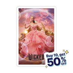 a sticker with an image of a woman in a pink dress and bubbles on it