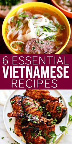 the different types of vietnamese food are shown in this collage with text overlay