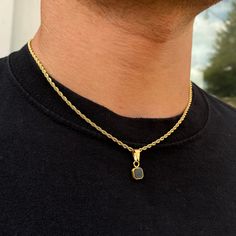 Mini 18K Gold Onyx Stone Pendant Necklace Men - Can be purchased with or without the chain. Created using real cuts of an onyx stone. Every stone is unique making this the perfect gift/ present. Also Available in Silver. Other Gemstones: Lapis Lazuli (Natural) & Opal (Lab Created). Pendant size: 7.5mm x 7.5mm  ✔️Hypoallergenic & Safe to wear in Water - This Necklace will not irritate your skin or fade ✔️Pendant can be removed from the chain (or purchased without a chain) - Great for adding to ot Mens Gold Chain With Pendant, Gold Men Necklace, Mens Gold Necklaces, Necklace Men Gold, Men Necklace Gold, Men Gold Necklace, Gold Necklace Men, Unique Gold Pendant For Men, Men's Necklace Gold