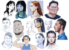 a bunch of people that are drawn in different styles and colors, all with faces