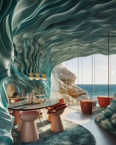 an artistic dining room with blue and green waves on the walls