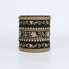 Taasha Craft Traditional Tilla Bangle For Diwali, Black Velvet Bangles, Traditional Tilla Bangle For Festival, Handmade Adjustable Bollywood Bangle, Black Silk Thread Bangles, Stitching Embroidery