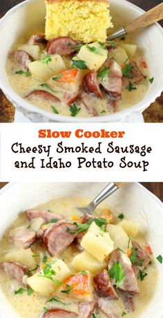 slow cooker cheesy smoked sausage and idaho potato soup with cornbreads