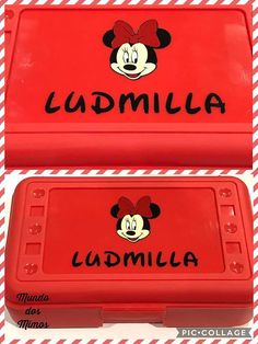 two red lunch boxes with mickey mouse faces on the front and back, both have name tags