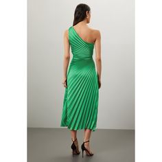 Green pleated (85% Nylon, 15% Metallic). Cocktail dress. Sleeveless. One shoulder. Pull-on closure. 58" from shoulder to hemline. Made in the USA of imported fabric. Spring Sleeveless A-line Dress With Pleated Back, Summer A-line Midi Dress With Accordion Pleats, Sleeveless Accordion Pleats Maxi Dress For Spring, Green Ruched Midi Evening Dress, Sleeveless Midi Dress With Pleated Bodice For Cocktail, Spring A-line One Shoulder Cocktail Dress, Pleated Back Evening Maxi Dress For Spring, Sleeveless Maxi Dress With Accordion Pleats For Summer, Spring One-shoulder Lined Dress