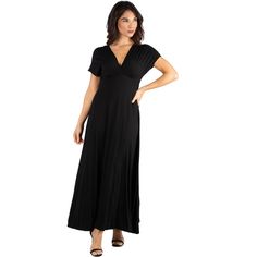 A formal look has never been so comfortable. With its regal full-length skirt this womens maxi dress makes for an elegant formal or casual look. Featuring a v-neck line and v cut on the back, cap sleeves, flared a line skirt, defined empire waist, and is made from a soft and comfortable stretch material in four beautiful year round colors and it is machine washable for easy care. The perfect dress to keep in your closet for any special occasions or just an eye-catching date night look. Made in t Full Length Skirts, Line Skirt, Formal Looks, V Cut, Night Looks, V Cuts, Caps For Women, Womens Maxi Dresses, Black Maxi Dress