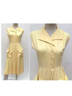 "1950s delightfull yellow heavy cotton Sun DRESS  estimated size : eu 38- uk 10 - us 6 2 large pockets on the front  metal zip on the side  buttonned on the front  full skirt  with large pleats all around  no lining  M E A S U R E M E N T S  waist : 66 cm :/26\" armpits : 43 cm //17\" shoulder : 39cm //15.3\" height :106cm //41.7\" very good vintage condition , no damage , no smell" Yellow Fitted Dress In 1950s Style, Fitted Yellow Dress In 1950s Style, Retro Yellow Cotton Dress, Yellow Retro Dress For Vintage Fashion, Retro Yellow Dress For Vintage Fashion, Yellow Fitted Vintage Dress 1950s Style, 1950s Style Yellow Dress For Vintage Fashion, Yellow 1950s Style Dress For Vintage Fashion, Fitted Vintage Mustard Dress