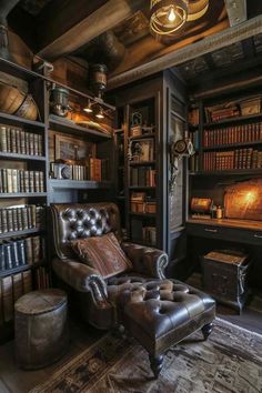 a leather chair in front of a book shelf filled with lots of books and an ottoman