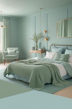 a bedroom with blue walls and green bedspread on the bed, two chairs