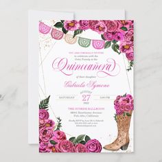 a wedding card with pink flowers and boots