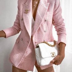 Never Worn Baby Pink Tweet Blazer With Gold Buttons. Size Medium Chic Tweed Blazer For Parties, Casual Pink Fitted Tweed Jacket, Casual Fitted Pink Tweed Jacket, Pink Tweed Jacket With Buttons For Winter, Pink Casual Tweed Jacket For Work, Pink Tweed Jacket With Buttons For Fall, Winter Pink Tweed Jacket With Pockets, Trendy Fitted Tweed Jacket For Spring, Chic Pink Tweed Jacket For Spring