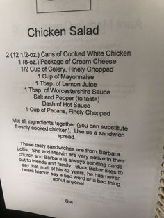 the menu for chicken salad is posted on a white piece of paper with black writing