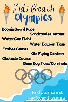 kids beach olympics flyer with the names and numbers