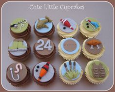 twelve cupcakes decorated in the shape of numbers and sports related items are shown