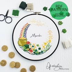 a cross stitch pattern with the name march written on it and shamrocks next to it