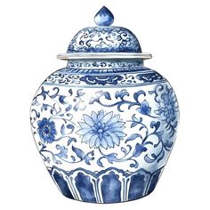 a blue and white vase with a lid on it's side, painted in watercolor