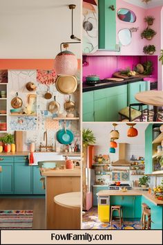 four different pictures of colorful kitchen furniture and decor