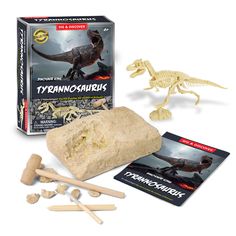 an assortment of toys including dinosaurs and bones