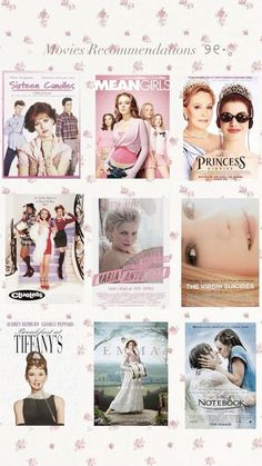 many movies are shown together in this collage with pink flowers on the bottom right corner