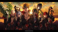 some anime characters standing together in front of a sunset