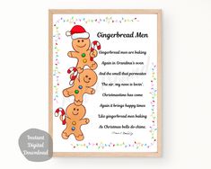 gingerbread men christmas poem printable on wood framed wall art by instant digital downloading