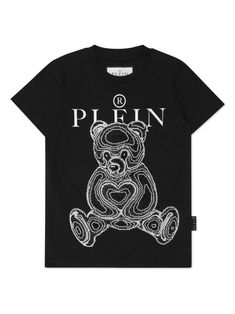 black cotton jersey texture teddy bear print logo print to the front appliqué logo crew neck short sleeves straight hem Teddy Bear Print, Animal Sweatshirt, Slogan Tee, Bear T Shirt, Philipp Plein, Bear Print, Animal Fashion, Boys Top, Cool Tees