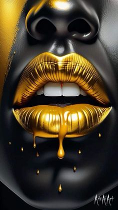 a woman's face painted in gold and black with liquid dripping from her mouth