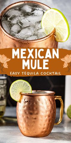 a copper mug filled with ice and limes next to a sign that says mexican mule