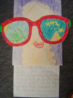 a child's drawing of a girl wearing glasses with writing on the paper underneath