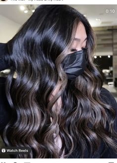 Baliage Hair Black, Black Hair With Cool Toned Highlights, Black Wavy Hair With Highlights, Black Dimensional Hair, Black Lowlights, Black And Brown Highlights, Black Hair With Balayage