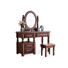 a wooden vanity with two stools and a mirror