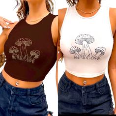 Nwt Lot Of 2 Boho Mushroom Ribbed Crop Tank Tops Chocolate & Cream Size Xl Chest: 18 Inches Unstretched! Stretchy Length: 17 Inches Chocolate Brown And Cream! White Mushroom Print Top For Summer, White Mushroom Print Top For Spring, Spring White Top With Mushroom Print, Spring White Tops With Mushroom Print, Boho Mushroom, White Tube Tops, Flowy Crop Top, Crop Top Sweatshirt, Lululemon Tops