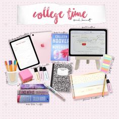 the college time poster is displayed with school supplies and stationery items, such as books, pens, notebooks, and pencils