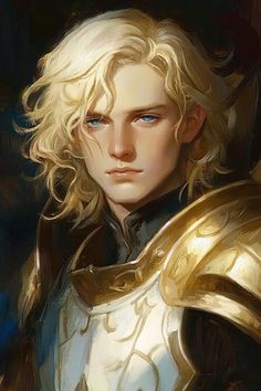 a painting of a man with blonde hair and blue eyes wearing a gold armor, standing in front of a black background