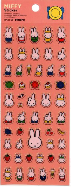 the sticker sheet has many bunny faces and food items on it's side