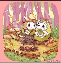 two cartoon characters are cooking food over an open fire in the woods with mushrooms and trees