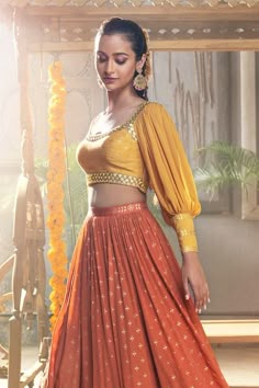 Blouse Design For Lengha, Marvadi Blouse Pattern, Stylish Blouse Design For Lehenga, Trendy Blouse Designs For Lehenga, Kali Lehenga, Stylish Lehenga, Orange Lehenga, Printed Lehenga, Yellow Lehenga