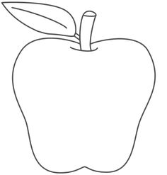 an apple with a leaf on the top and bottom half is outlined in black ink