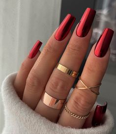 Red Chrome Nails, Tapered Square Nails, Red Acrylic Nails, Red Nail Polish, Red Nail Designs, Makijaż Smokey Eye, Red Nail, Hot Nails