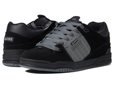 Globe Fusion - Men's Skate Shoes : Black/Charcoal Split : Black/Night is an exclusive colorway! Skate shoes with leather and synthetic uppers. Triple stitched, triple-layered toe cap. TPR ollie reinforcement. Hidden lacing option. TPR heel stabilizer. Complete inner sock construction combining a unique combination of breathable mesh, Lycra and Micro P materials. Tongue pull for easy access. Super-soft, full-length internal die-cut kinetic EVA cushioning system. Supportive CM rubber cupsole with Black High-top Sneakers With Reinforced Toe, Sports Sneakers With Reinforced Toe, Sporty Sneakers With Reinforced Round Toe, Black Slip-resistant Skate Shoes For Streetwear, Black Slip-resistant Sporty Skate Shoes, Black Sporty Slip-resistant Skate Shoes, Sporty Lace-up Sneakers With Reinforced Toe, Sporty Black Slip-resistant Skate Shoes, Functional Black Sneakers With Rubber Toe Cap