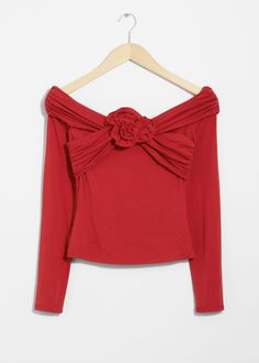 Slim long-sleeve off-shoulder top featuring a ruched neckline with a floral appliqué detail. Length of top: 40cm / 15.7" (Size S) Cool Mom Style, Red Long Sleeve Top, Digital Wardrobe, Red Long Sleeve Tops, Red Long Sleeve, Red Tshirt, Red Top, Fashion Story, Off Shoulder Tops