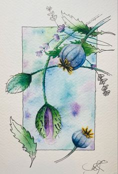 a watercolor painting of blue flowers and leaves