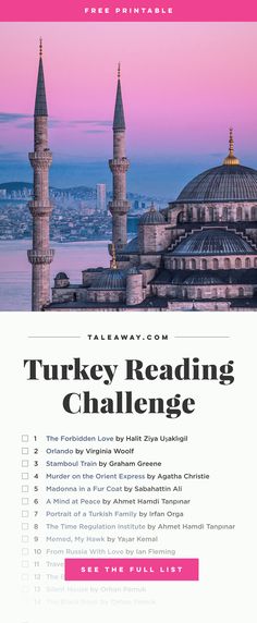 the turkey reading challenge is on display in front of a cityscape with pink and blue