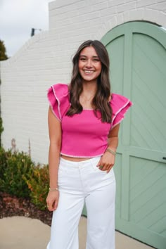 Knit top Square neck Double ruffle sleeve Stitch detail Semi crop Model is wearing a size small. Preppy Shirts, Preppy Fits, Preppy Tops, Preppy Shirt, Outfit Inspo Casual, School Clothes, Square Neck Top, Strapless Tops, Sand Beige