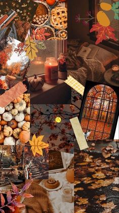 a collage of photos with autumn leaves, pumpkins and other things in them