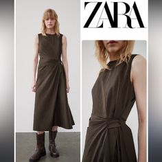 Nwt Zara Midi Dress Sz Small Dark Taupe Brown Grey Sleeveless Midi Length Front Pleated Fabric W Strap And Button Detail For A Wrap Effect Back Dart Detail Slight Fit Flare Style Dark Academia Minimalist Grunge Brand New W Tags Minor Flaw Pull Or Snag Shown Zara Sleeveless Maxi Dress For Work, Style Dark Academia, Minimalist Grunge, Zara Midi Dress, Style Dark, Dark Taupe, Wrap Midi Dress, Pleated Fabric, Zara Woman